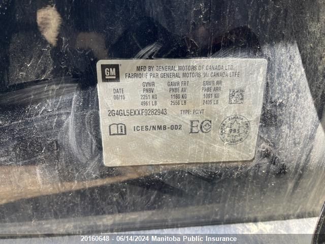 2015 Buick Regal Turbo VIN: 2G4GL5EXXF9282943 Lot: 20160648