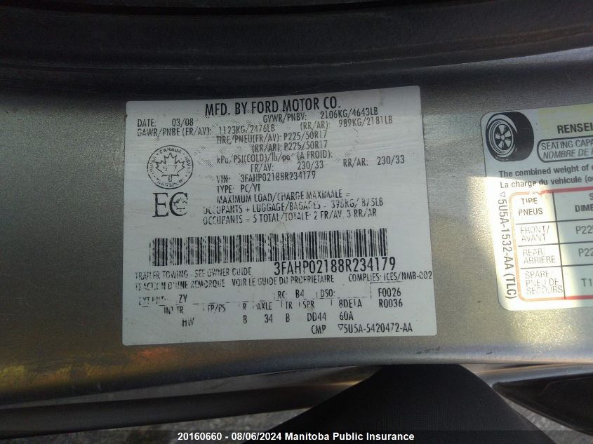 2008 Ford Fusion Sel V6 VIN: 3FAHP02188R234179 Lot: 20160660