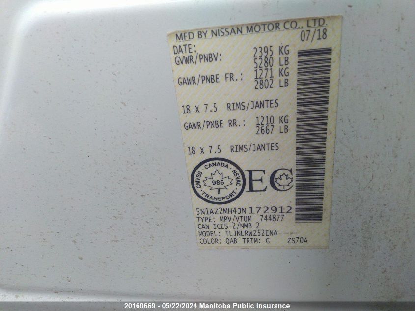 2018 Nissan Murano Sl VIN: 5N1AZ2MH4JN172912 Lot: 20160669