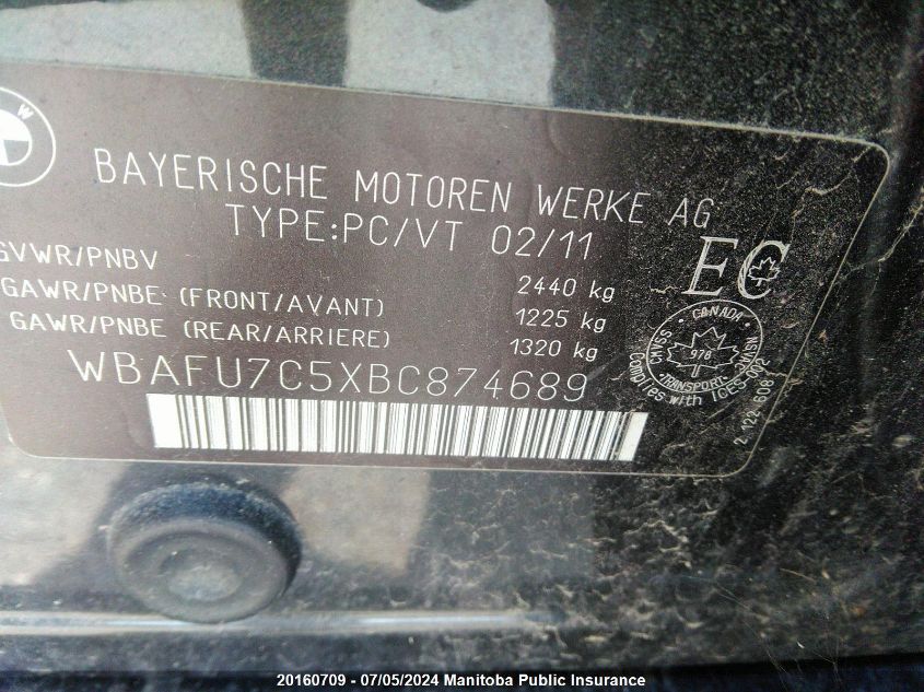 2011 BMW 535I xDrive VIN: WBAFU7C5XBC874689 Lot: 20160709