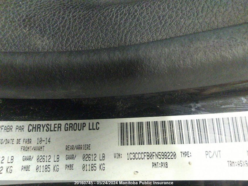 2015 Chrysler 200 Lx VIN: 1C3CCCFB0FN598220 Lot: 20160745