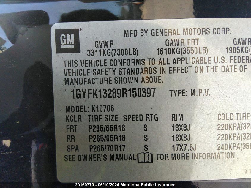 2009 Cadillac Escalade VIN: 1GYFK13289R150397 Lot: 20160770