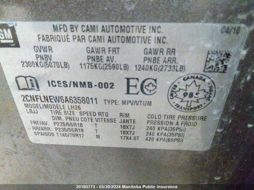 2010 Chevrolet Equinox Lt VIN: 2CNFLNEW6A6358011 Lot: 20160773