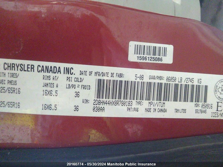 2008 Dodge Grand Caravan Se VIN: 2D8HN44HX8R780183 Lot: 20160774