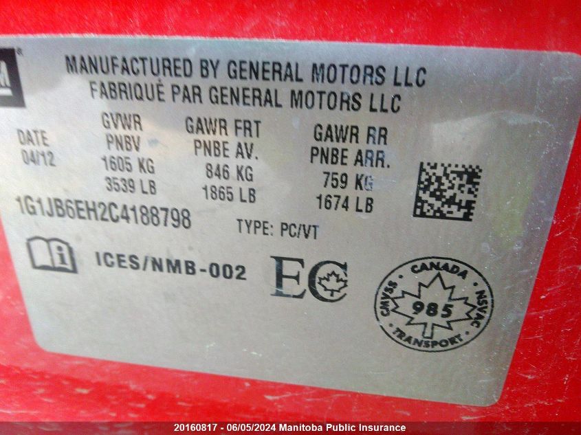 2012 Chevrolet Sonic Ls VIN: 1G1JB6EH2C4188798 Lot: 20160817