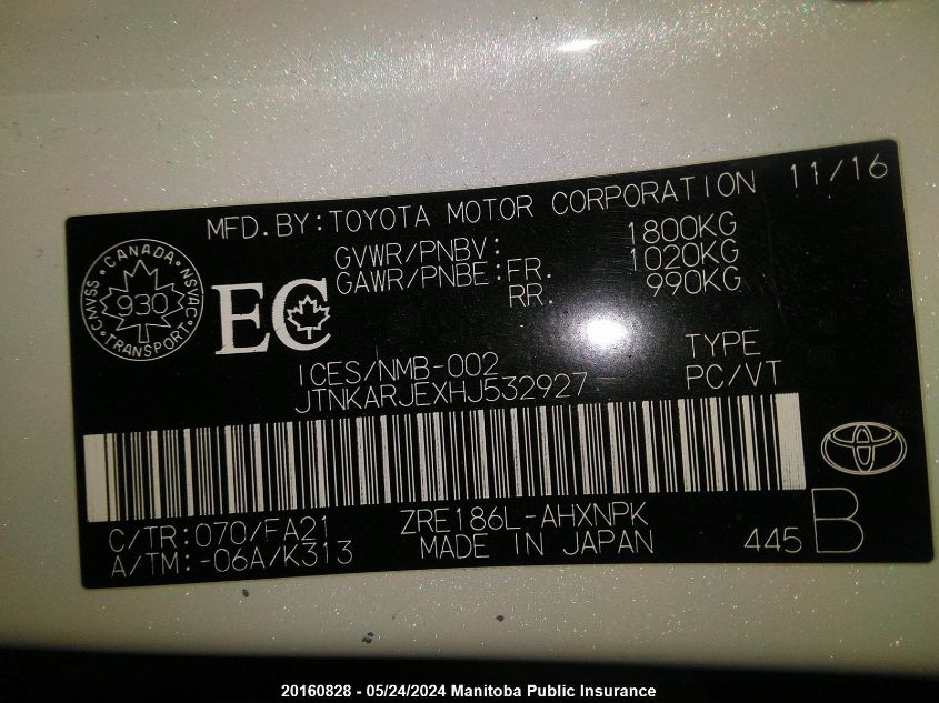 2017 Toyota Corolla Im VIN: JTNKARJEXHJ532927 Lot: 20160828