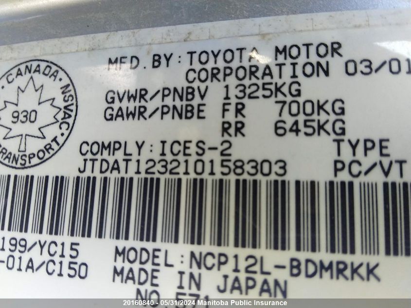 2001 Toyota Echo VIN: JTDAT123210158303 Lot: 20160840