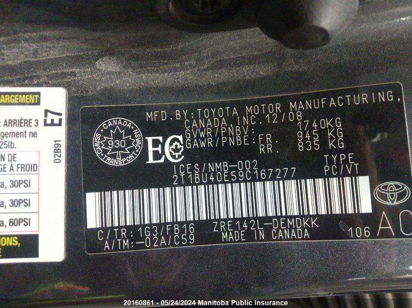 2009 Toyota Corolla Ce VIN: 2T1BU40E59C167277 Lot: 20160861