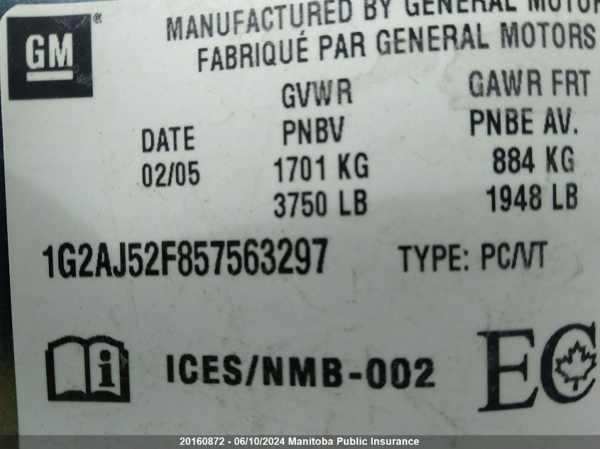 2005 Pontiac Pursuit VIN: 1G2AJ52F857563297 Lot: 20160872