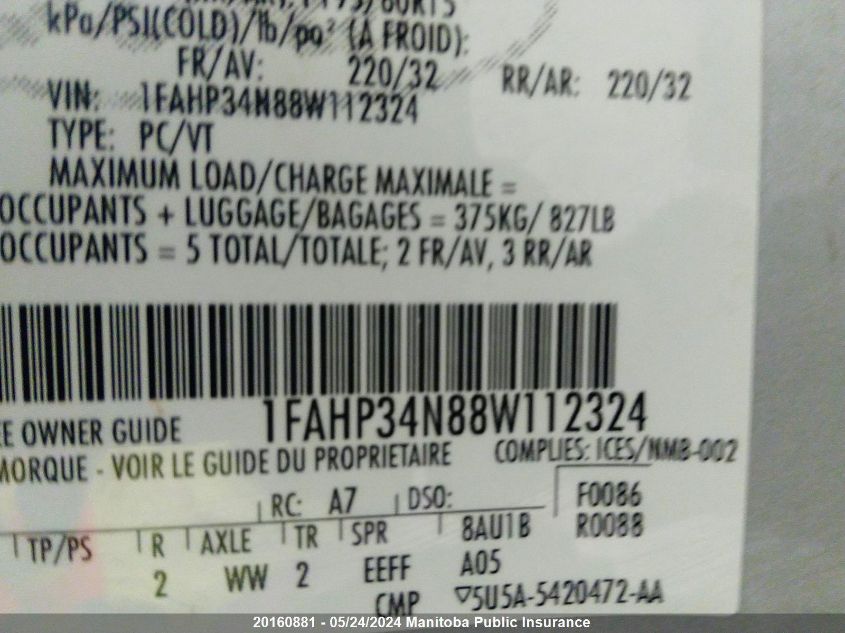 2008 Ford Focus Se VIN: 1FAHP34N88W112324 Lot: 20160881