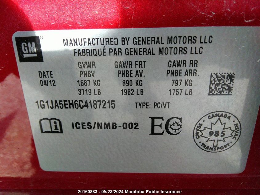2012 Chevrolet Sonic Ls VIN: 1G1JA5EH6C4187215 Lot: 20160883