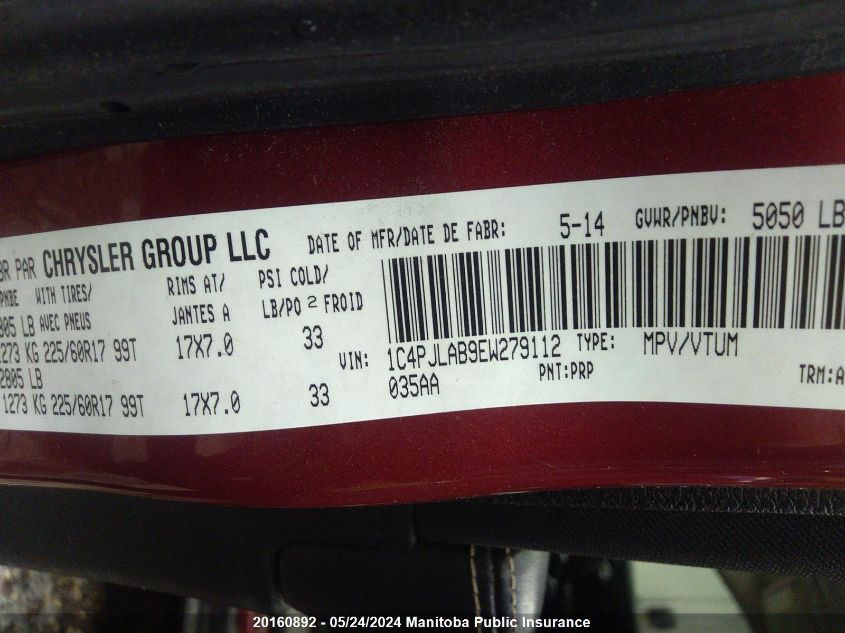 2014 Jeep Cherokee Sport VIN: 1C4PJLAB9EW279112 Lot: 20160892