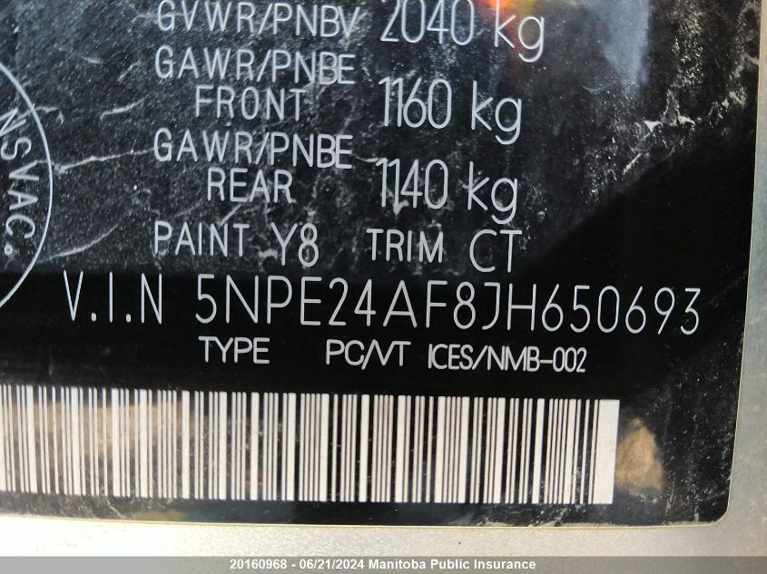 2018 Hyundai Sonata Gl VIN: 5NPE24AF8JH650693 Lot: 20160968