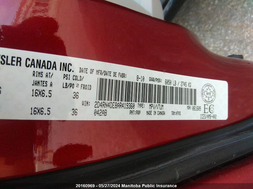 2010 Dodge Grand Caravan Se VIN: 2D4RN4DE8AR419360 Lot: 20160969