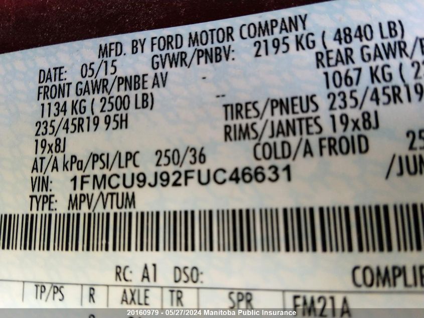 2015 Ford Escape Titanium VIN: 1FMCU9J92FUC46631 Lot: 20160979