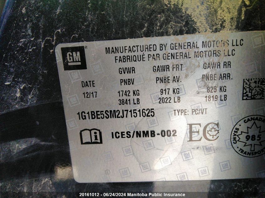 2018 Chevrolet Cruze Lt Turbo VIN: 1G1BE5SM2J7151625 Lot: 20161012
