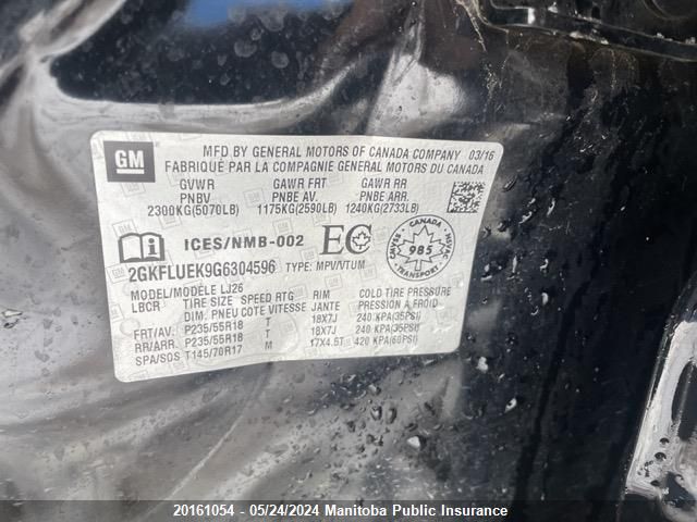 2016 GMC Terrain Slt VIN: 2GKFLUEK9G6304596 Lot: 20161054