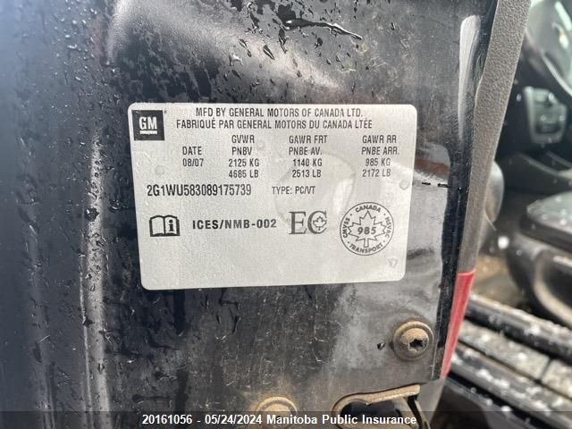 2008 Chevrolet Impala Ltz V6 VIN: 2G1WU583089175739 Lot: 20161056