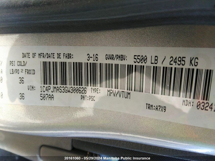 2016 Jeep Cherokee Sport VIN: 1C4PJMAS3GW300626 Lot: 20161060