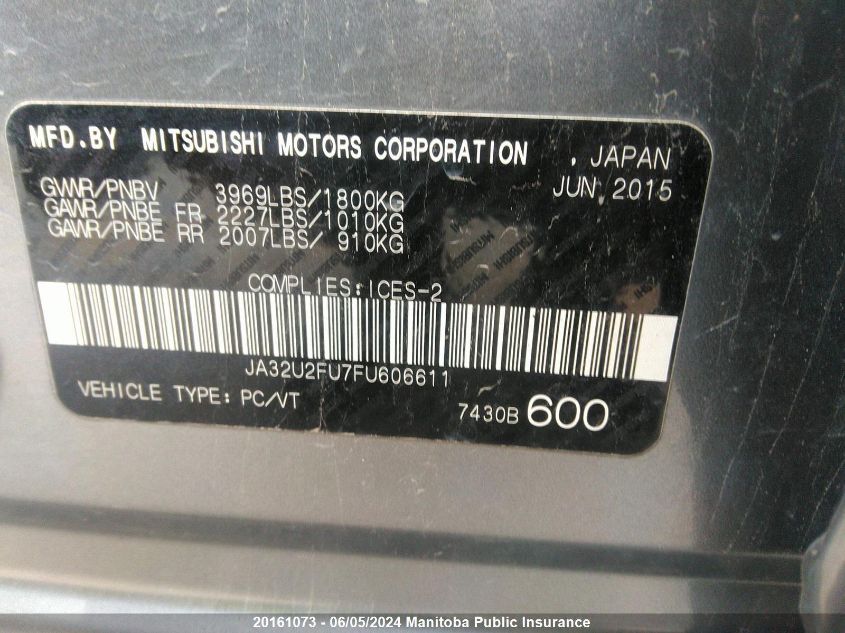 2015 Mitsubishi Lancer Limited VIN: JA32U2FU7FU606611 Lot: 20161073