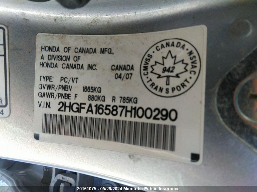 2007 Honda Civic Lx VIN: 2HGFA16587H100290 Lot: 20161075