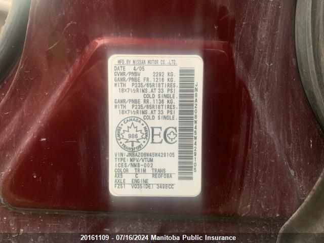 2005 Nissan Murano Se VIN: JN8AZ08W45W429105 Lot: 20161109