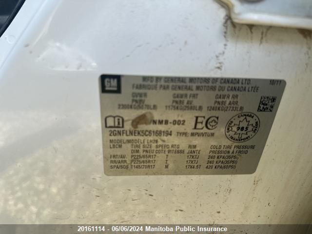 2012 Chevrolet Equinox Lt VIN: 2GNFLNEK5C6168194 Lot: 20161114