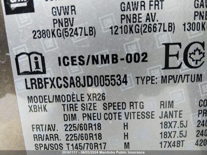 2018 Buick Envision VIN: LRBFXCSA8JD005534 Lot: 20161117