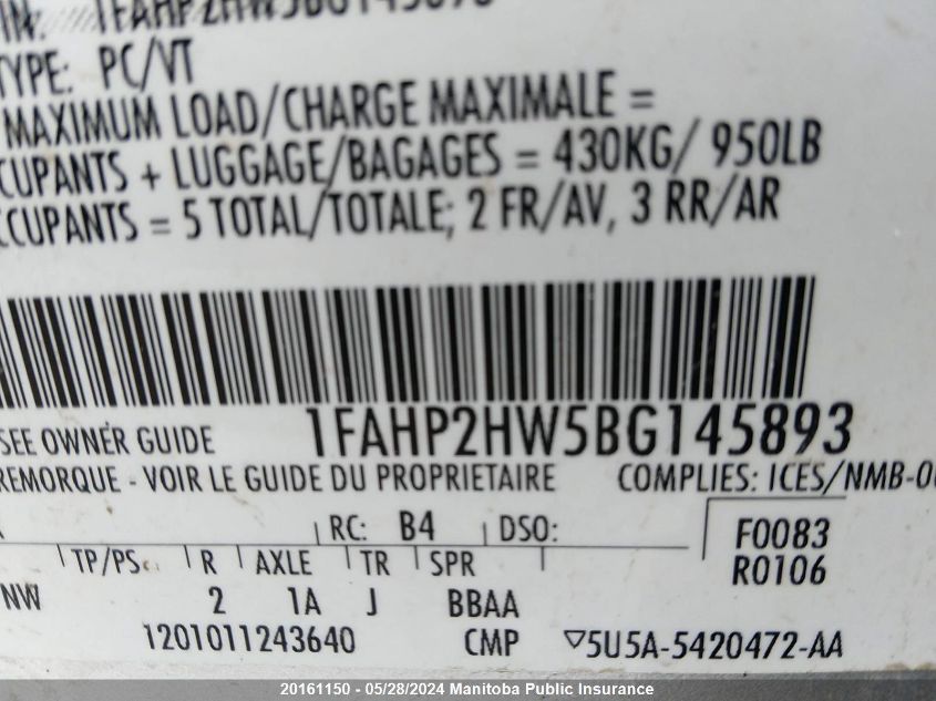 2011 Ford Taurus Sel VIN: 1FAHP2HW5BG145893 Lot: 20161150