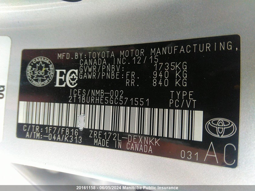 2016 Toyota Corolla Le VIN: 2T1BURHE5GC571551 Lot: 20161158