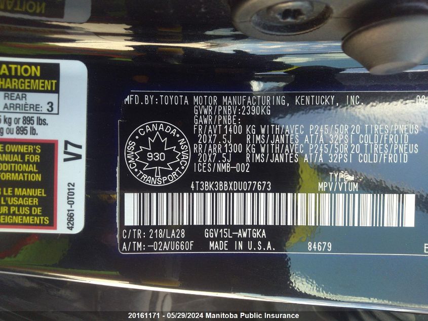 2013 Toyota Venza V6 VIN: 4T3BK3BBXDU077673 Lot: 20161171