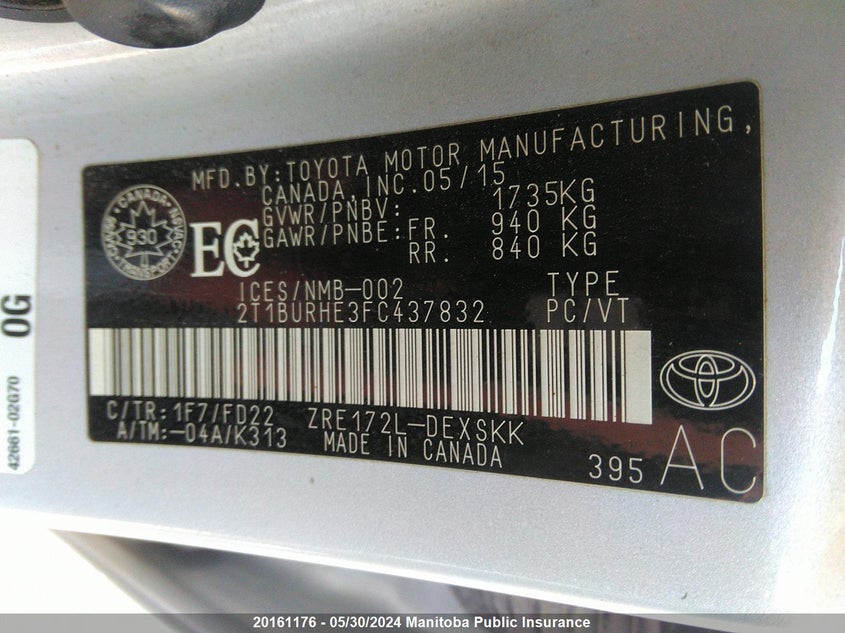 2015 Toyota Corolla S VIN: 2T1BURHE3FC437832 Lot: 20161176