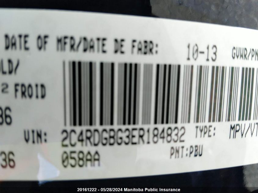 2014 Dodge Grand Caravan Sxt VIN: 2C4RDGBG3ER184832 Lot: 20161222