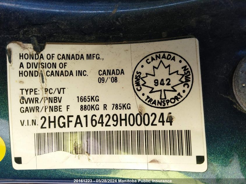 2009 Honda Civic Dx-G VIN: 2HGFA16429H000244 Lot: 20161223