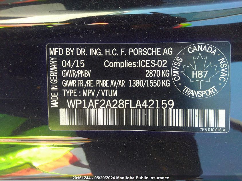 2015 Porsche Cayenne VIN: WP1AF2A28FLA42159 Lot: 20161244