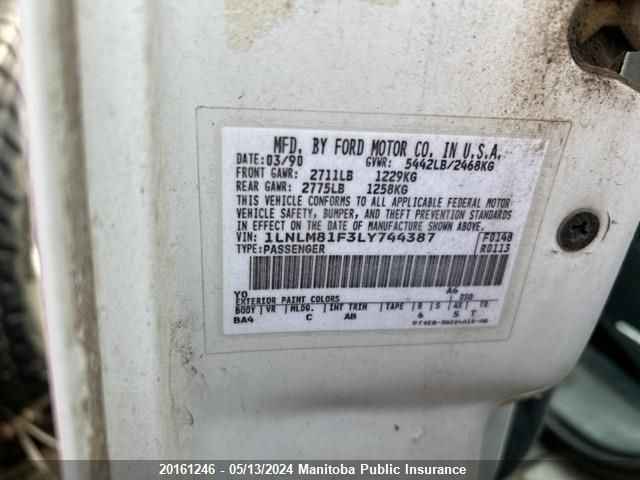 1990 Lincoln Town Car VIN: 1LNLM81F3LY744387 Lot: 20161246