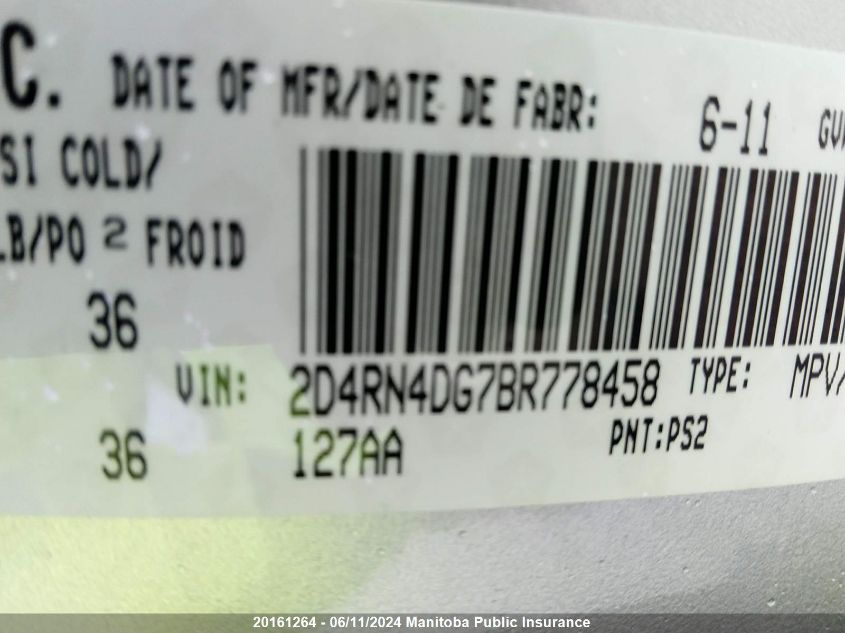 2011 Dodge Grand Caravan Crew VIN: 2D4RN4DG7BR778458 Lot: 20161264