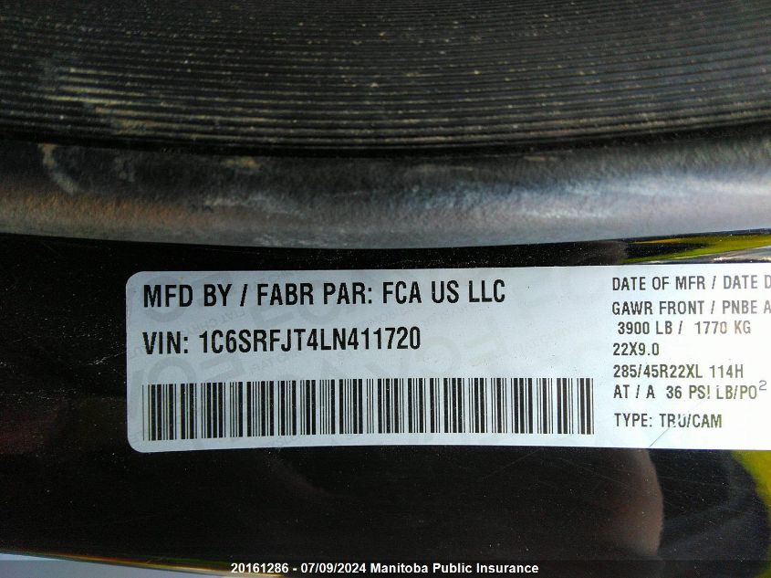 2020 Ram 1500 Laramie VIN: 1C6SRFJT4LN411720 Lot: 20161286