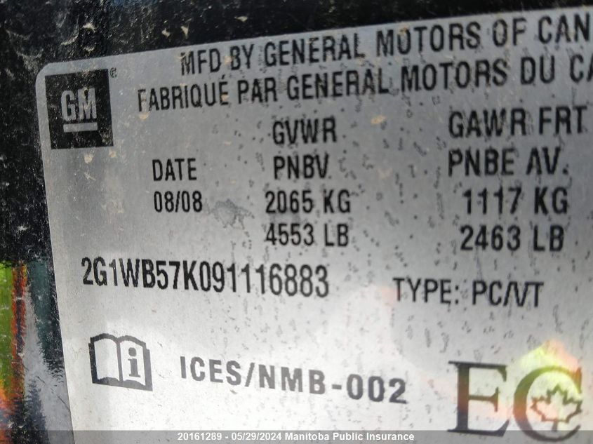 2009 Chevrolet Impala Ls V6 VIN: 2G1WB57K091116883 Lot: 20161289