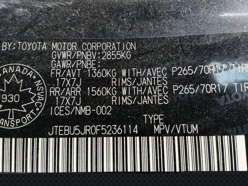 2015 Toyota 4Runner Sr5 V6 VIN: JTEBU5JR0F5236114 Lot: 20161291