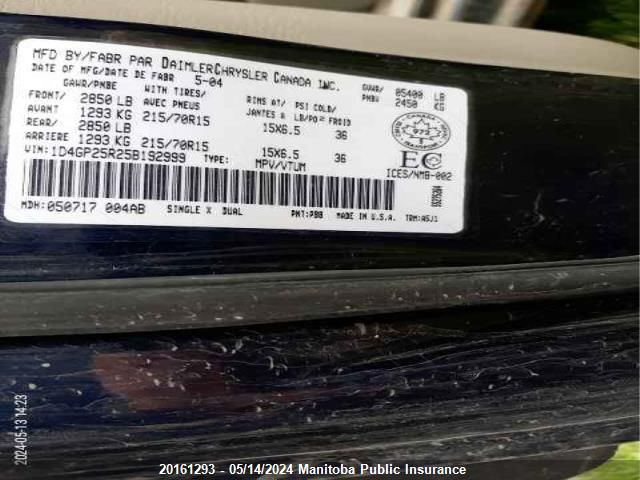 2005 Dodge Caravan VIN: 1D4GP25R25B192999 Lot: 20161293