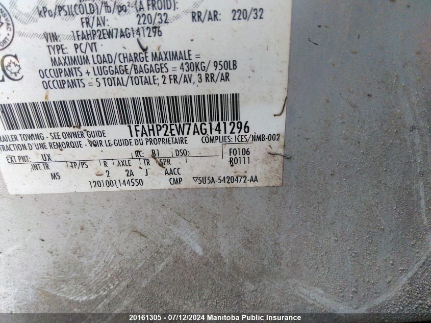 2010 Ford Taurus Sel VIN: 1FAHP2EW7AG141296 Lot: 20161305