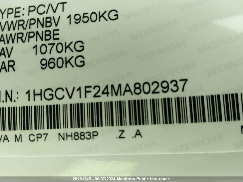 2021 Honda Accord Se VIN: 1HGCV1F24MA802937 Lot: 20161345