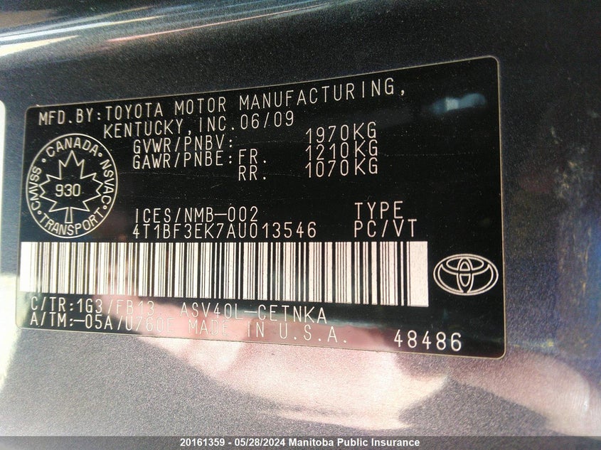 2010 Toyota Camry Le VIN: 4T1BF3EK7AU013546 Lot: 20161359