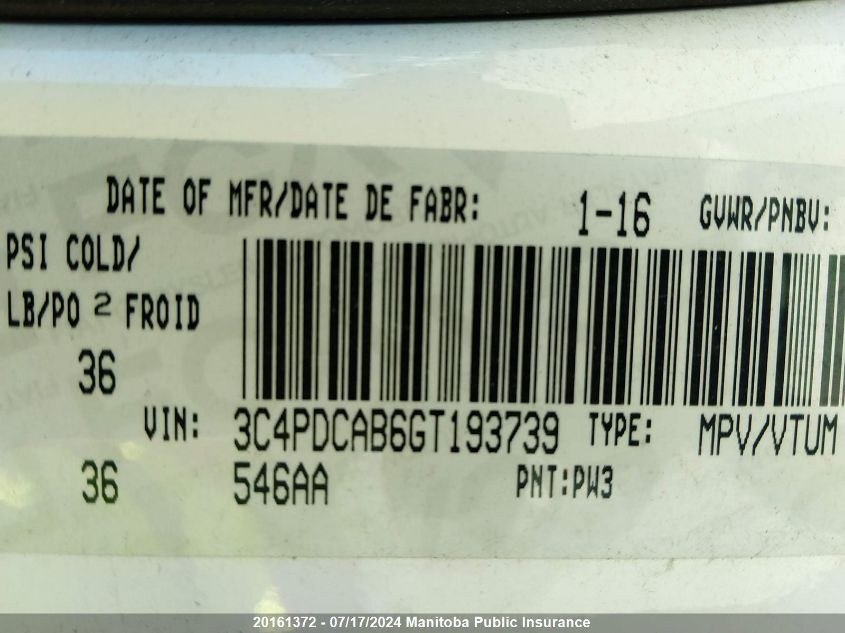 2016 Dodge Journey Se VIN: 3C4PDCAB6GT193739 Lot: 20161372