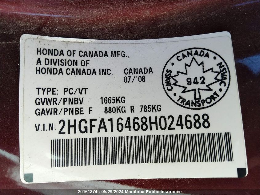 2008 Honda Civic Dx-G VIN: 2HGFA16468H024688 Lot: 20161374