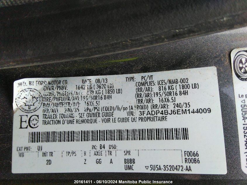 2014 Ford Fiesta Se VIN: 3FADP4BJ6EM144009 Lot: 20161411