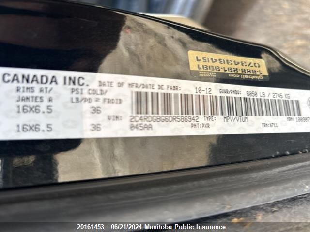 2013 Dodge Grand Caravan Se VIN: 2C4RDGBG6DR586942 Lot: 20161453