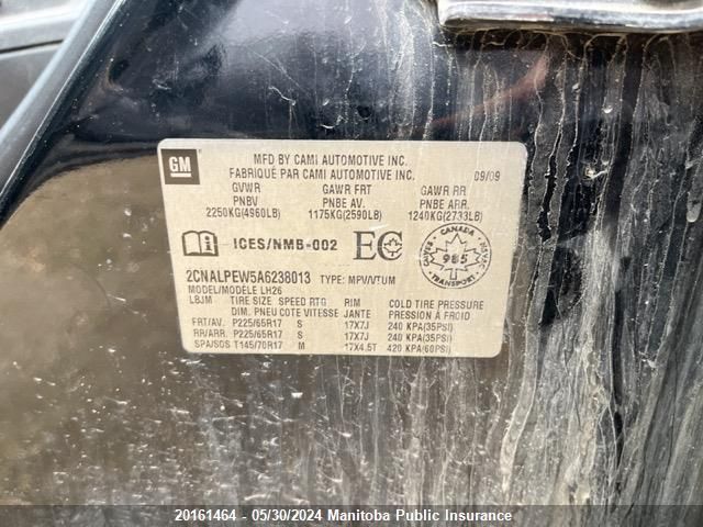 2010 Chevrolet Equinox Lt VIN: 2CNALPEW5A6238013 Lot: 20161464