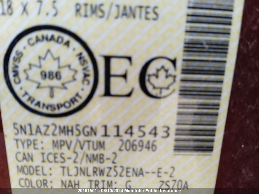 2016 Nissan Murano Sl VIN: 5N1AZ2MH5GN114543 Lot: 20161501